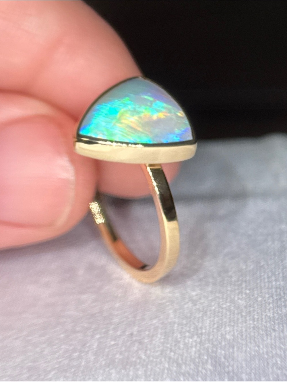 14k Gold Australian Opal Triangle Ring — Multi-Color Opal Accent - Picture 13 of 17